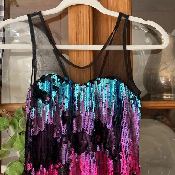 New Esley Multi Color Sequined Party Dress with Mesh Neckline Size S - Picture 3 of 11
